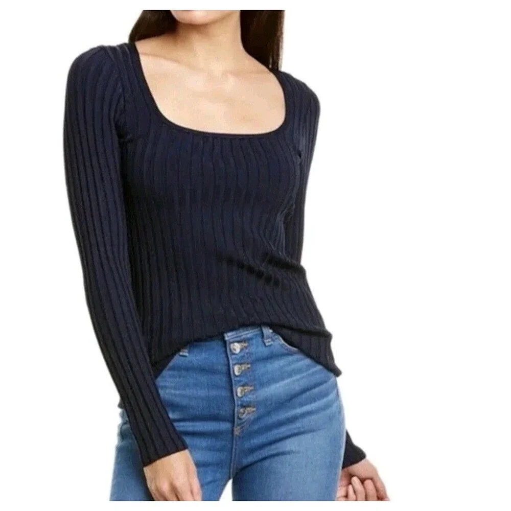 Veronica Beard Clara Ribbed Top Navy M Square Neck Dark Academia Preppy Coquette